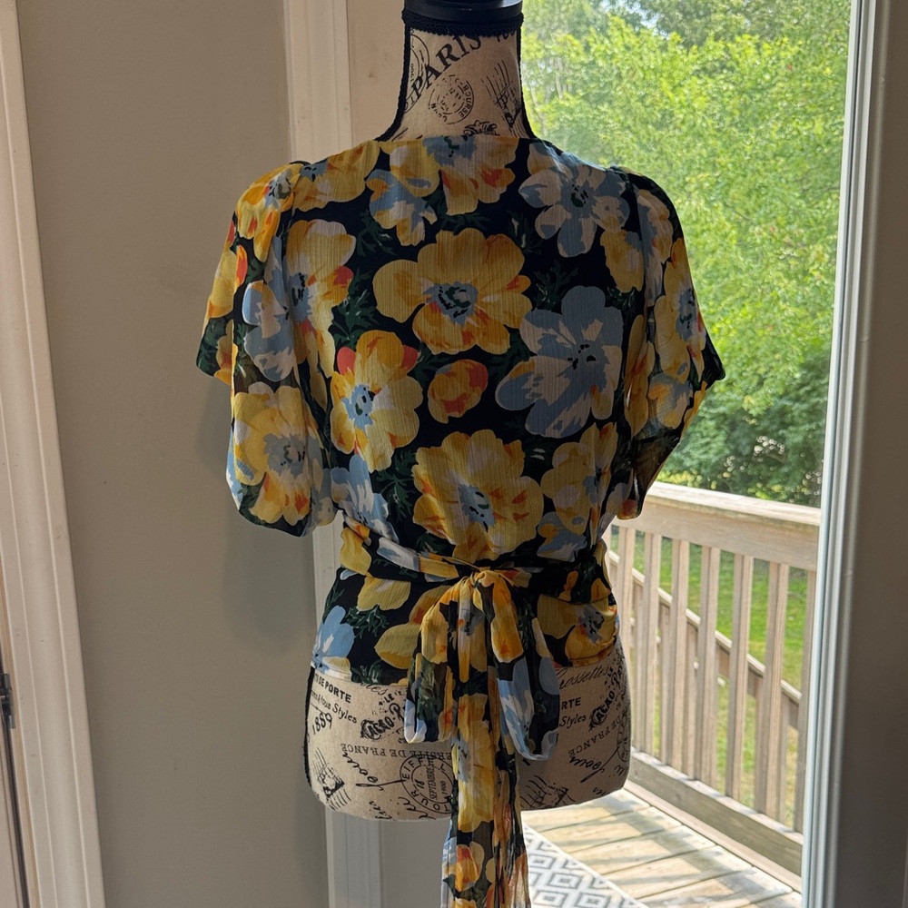Club Monaco Black and Yellow Floral Wrap Blouse